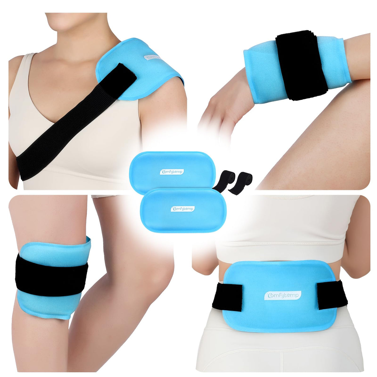 Bolsas de gel frío Comfytemp con dos packs para rodilla y tobillo.