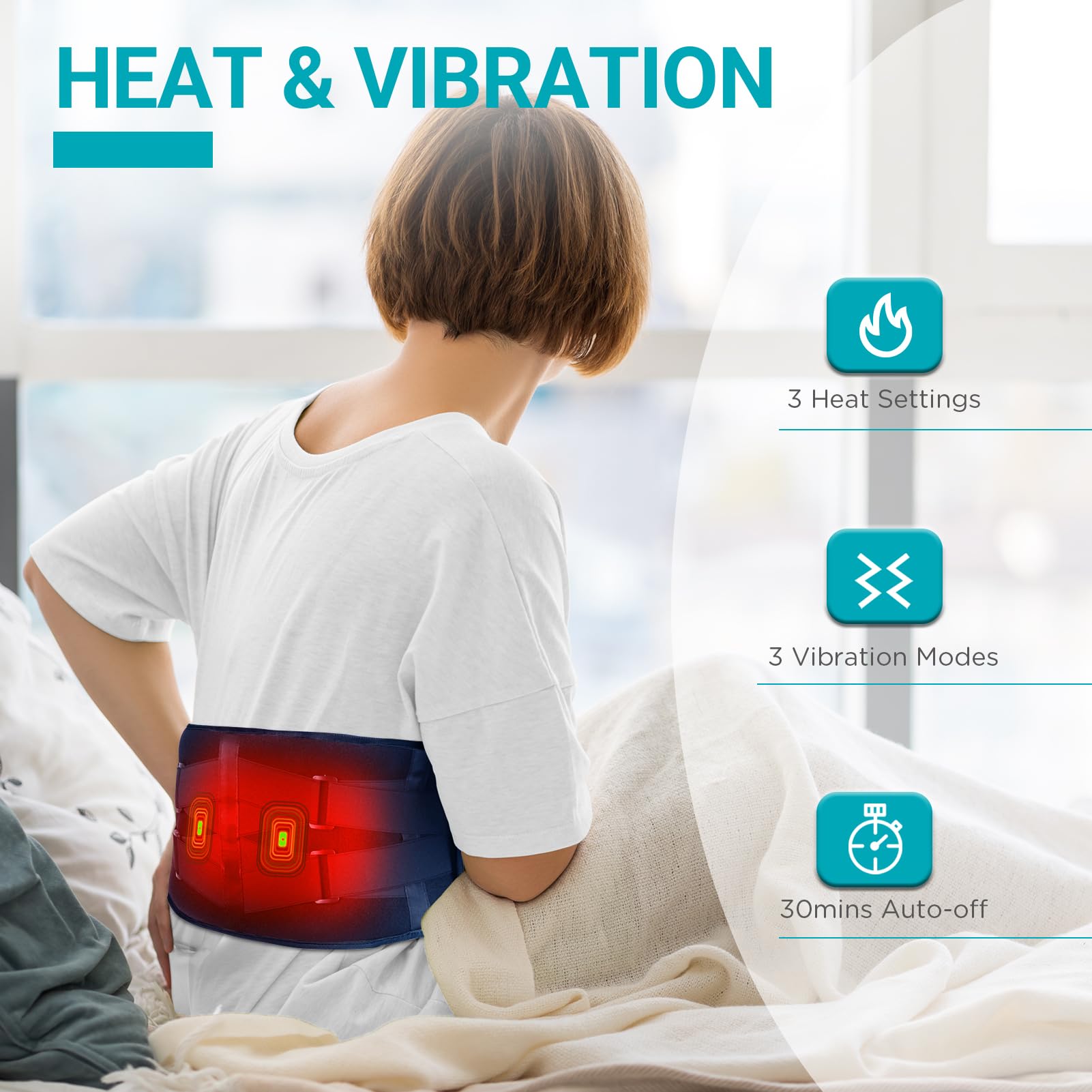 Masaje y calor con tres modos en Comfytemp para espalda baja.