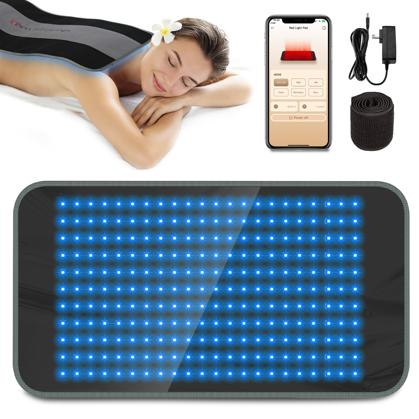 Comfytemp panel de luz roja y azul para relajación muscular diaria.