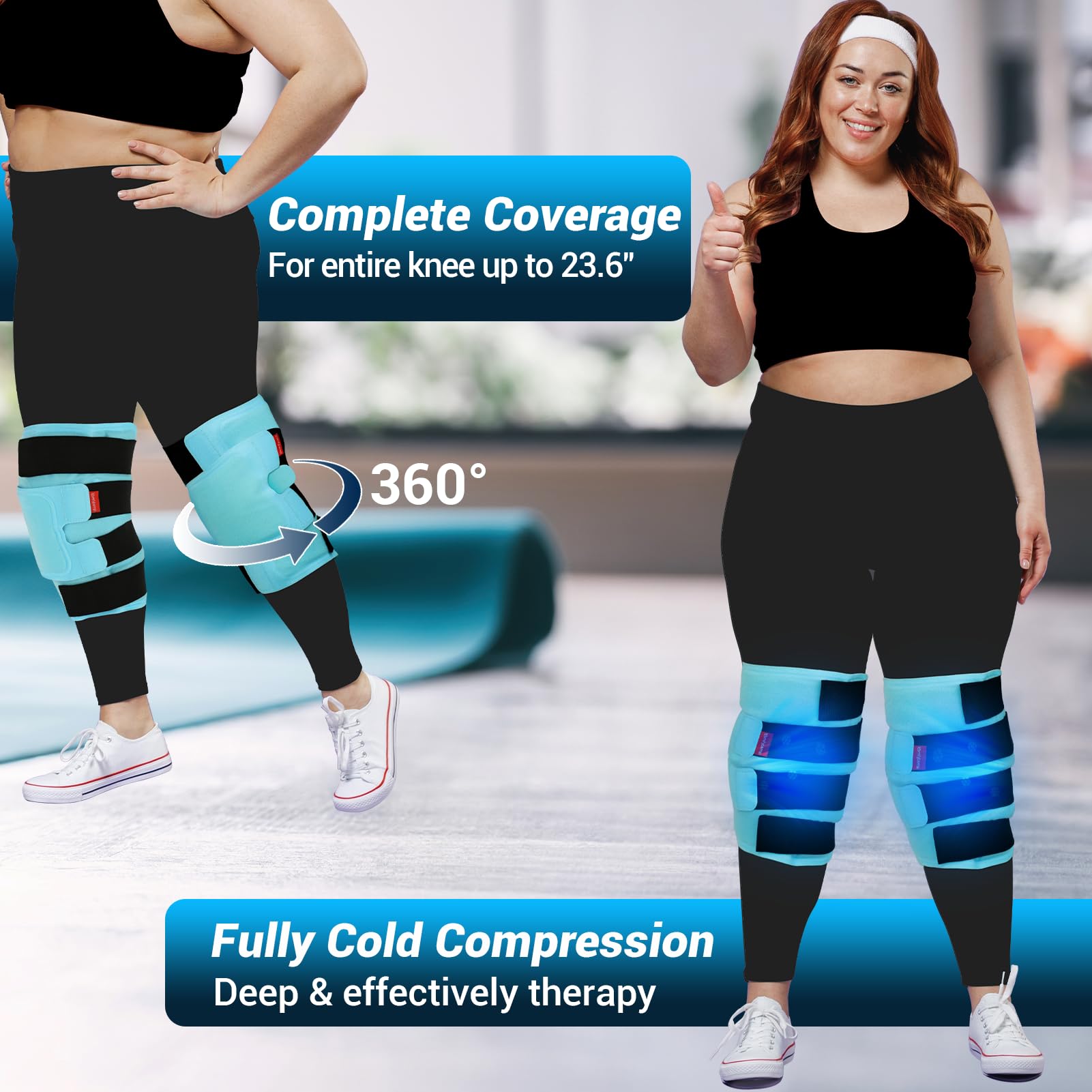 Dos paquetes de gel Comfytemp para enfriamiento prolongado de la rodilla.