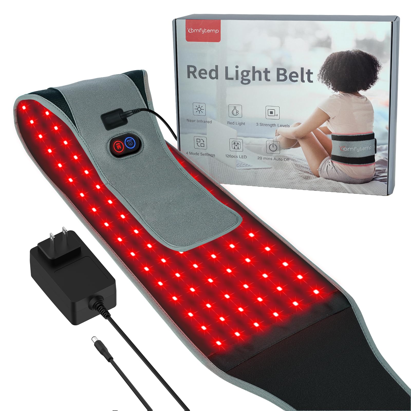 Comfytemp red light therapy belt with 126 LEDs for full-body coverage and relaxation.