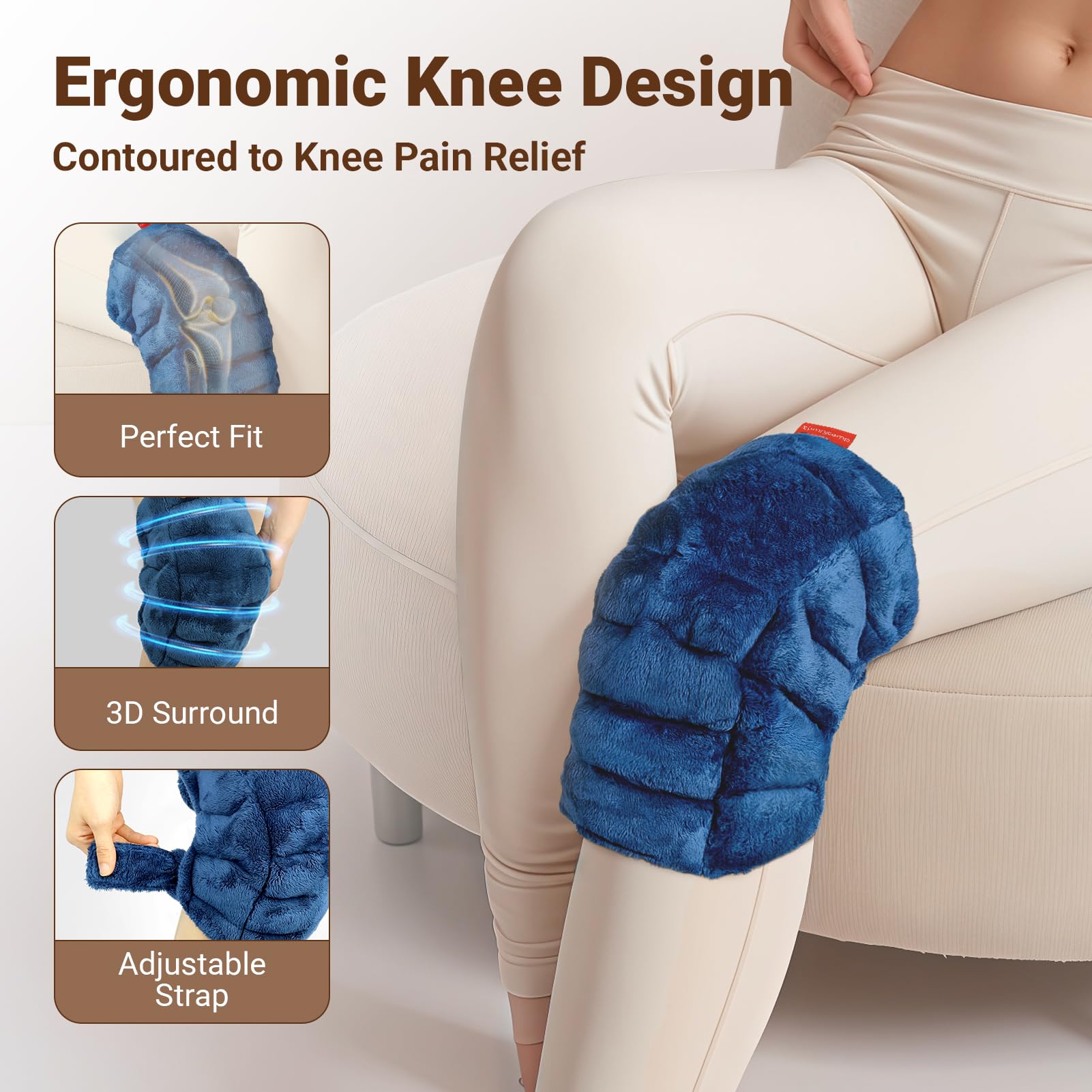 Comfytemp rodilla, calor húmedo natural para mayor comodidad durante uso prolongado.