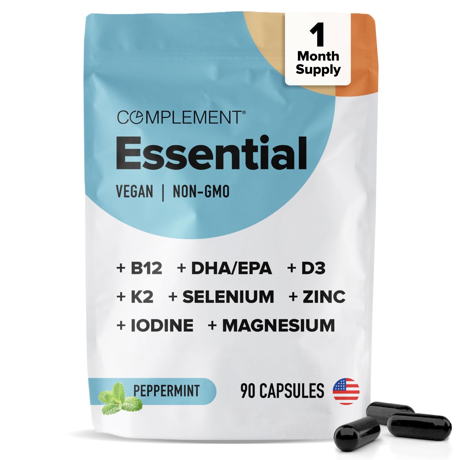 Frasco frontal de Complement Essential, multivitamínico vegano para uso diario.