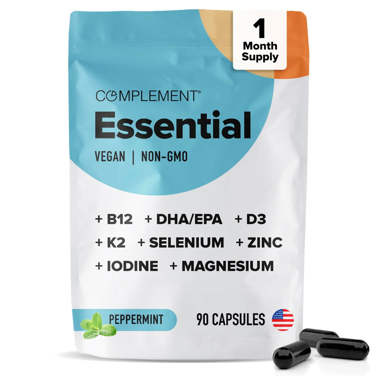 Frasco frontal de Complement Essential, multivitamínico vegano para uso diario.