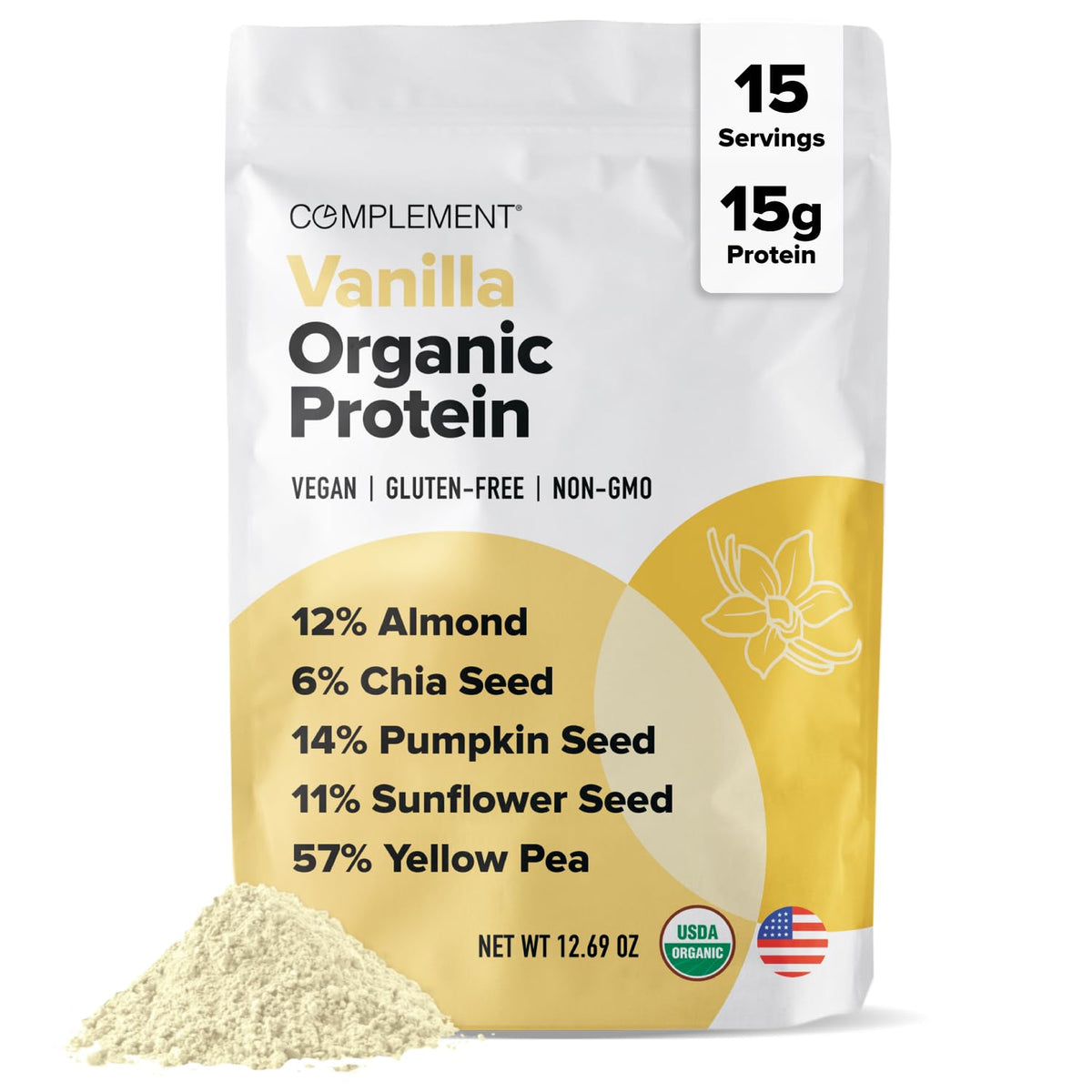 Proteína vegetal Complement Vanilla en bote para nutrición diaria.