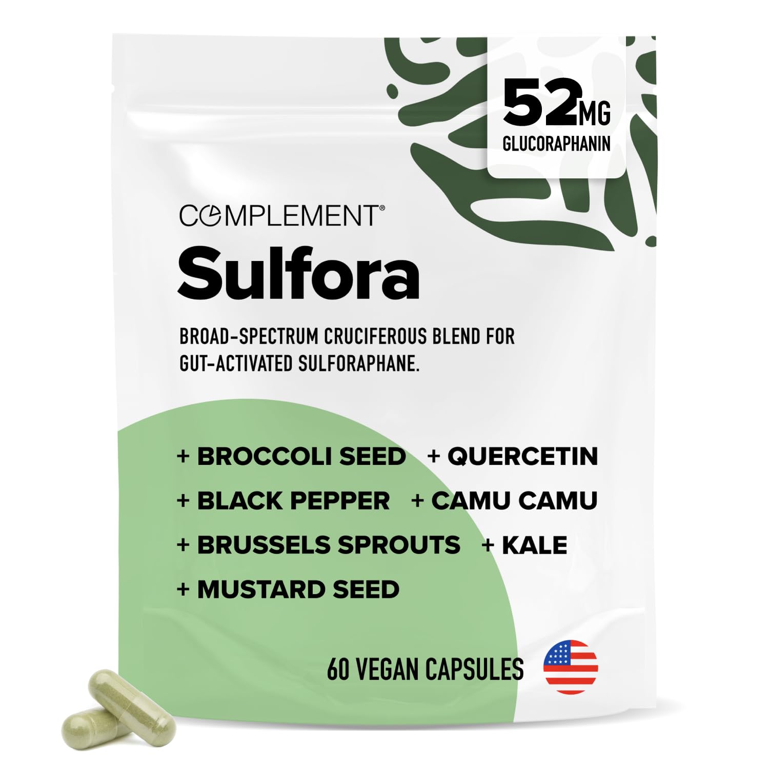 Complement Sulfora: botella vertiendo dosis diaria para apoyo antioxidante.