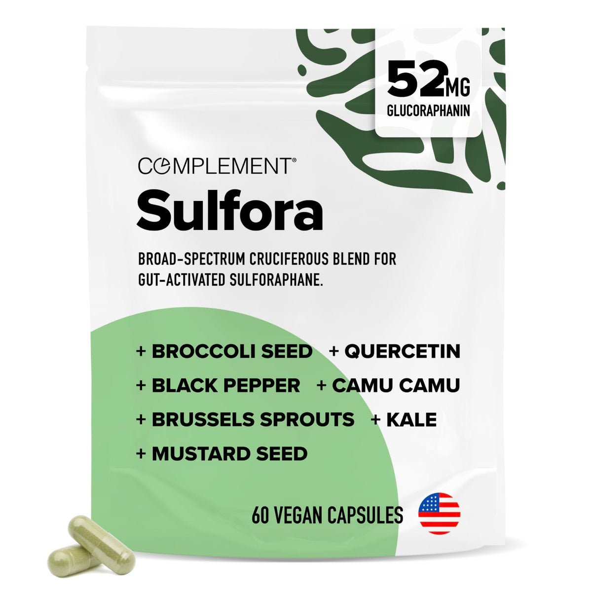 Complement Sulfora: botella vertiendo dosis diaria para apoyo antioxidante.