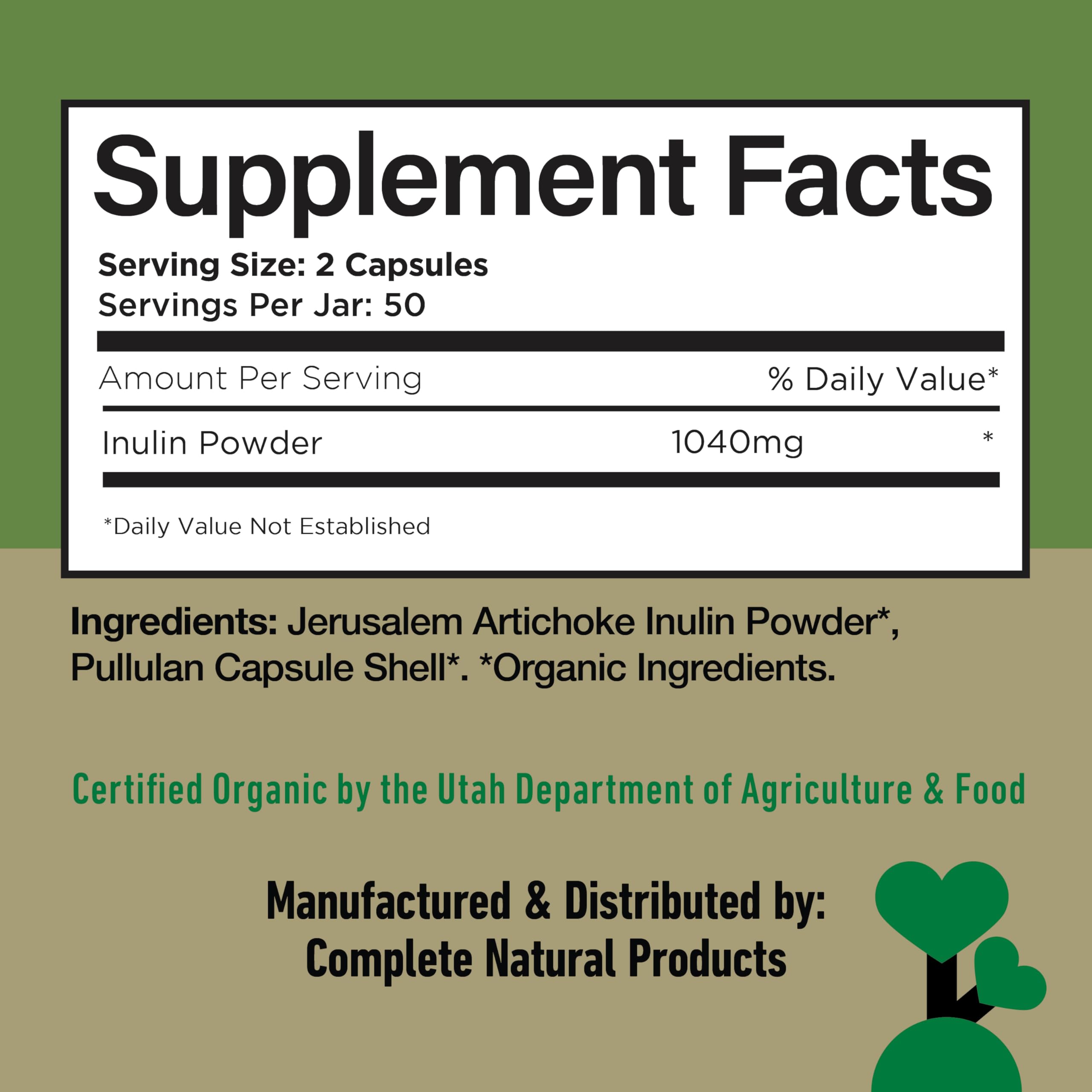 Complete Natural Products Inulina orgánica en cápsulas, fibra vegetal para apoyo diario.