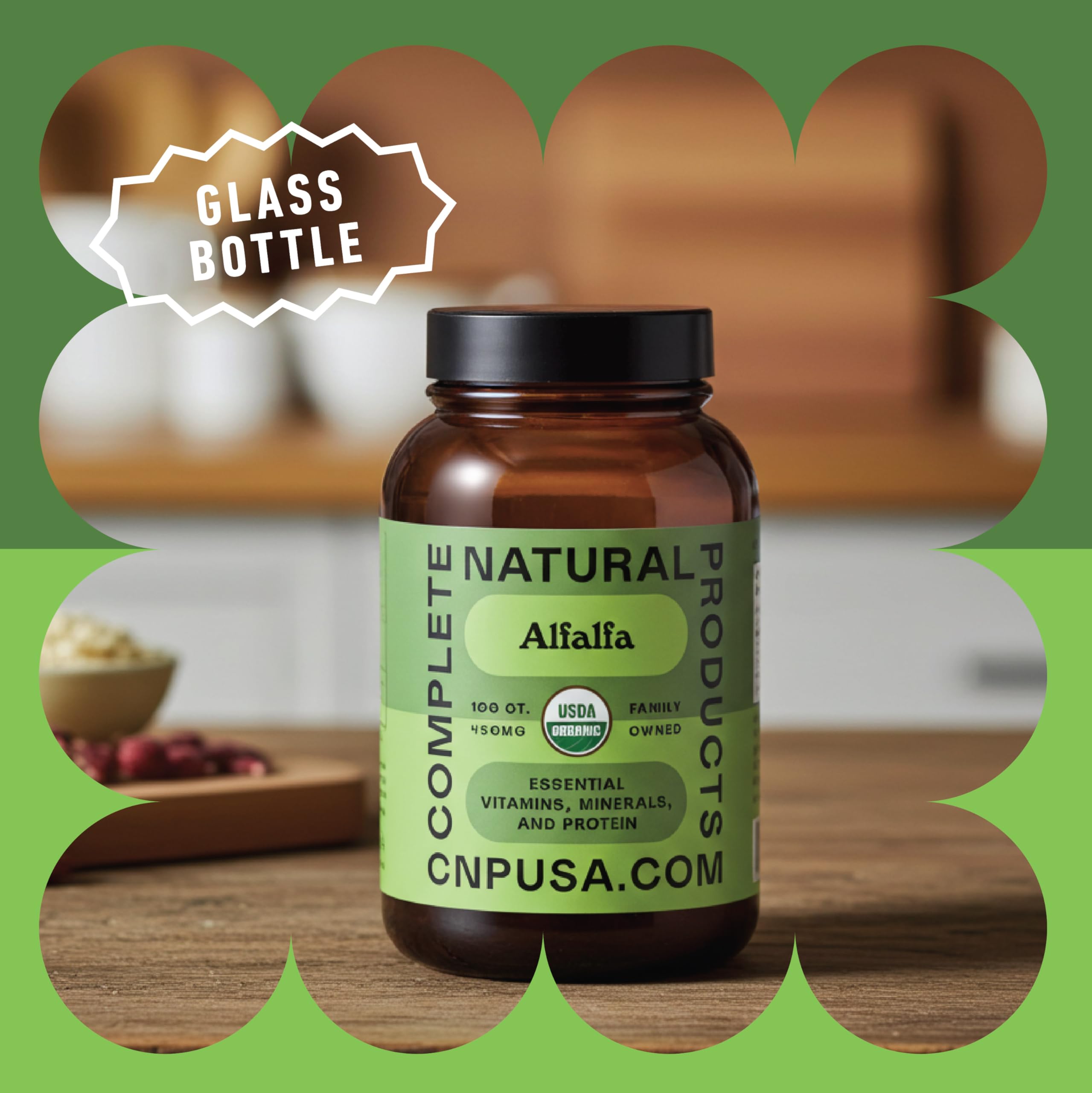 Complete Natural Products Alfalfa Pura, caja y manual con instrucciones claras de dosificación