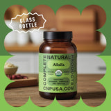 Complete Natural Products Alfalfa Pura, caja y manual con instrucciones claras de dosificación