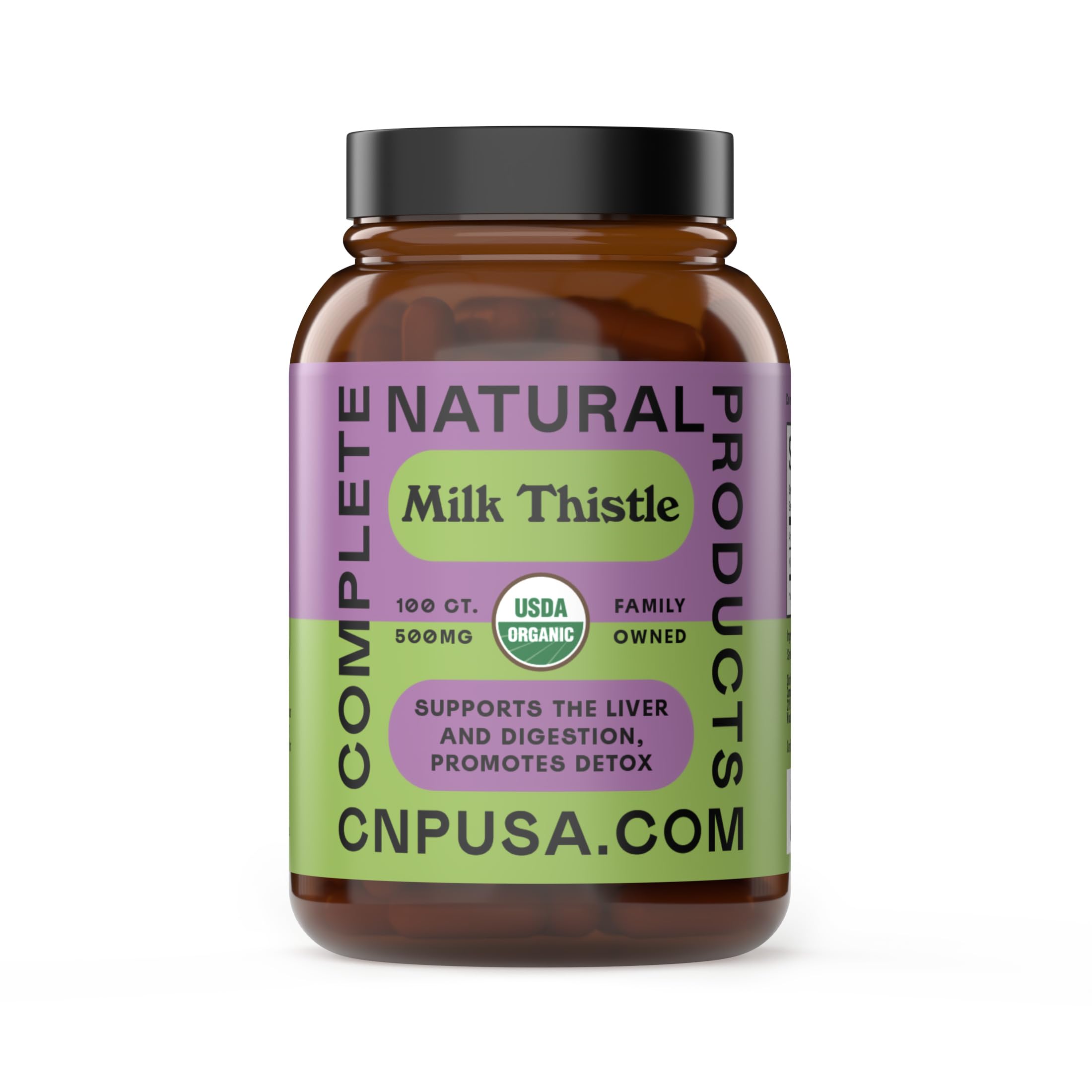 Cardo mariano de Complete Natural Products cápsulas frente, uso diario cómodo.
