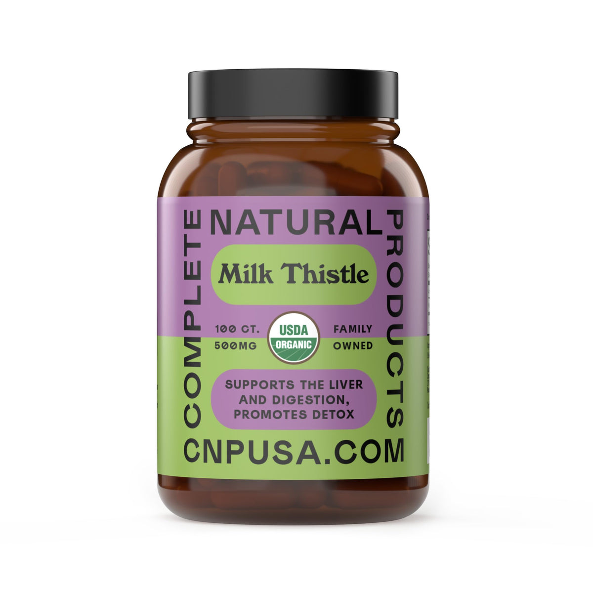 Cardo mariano de Complete Natural Products cápsulas frente, uso diario cómodo.