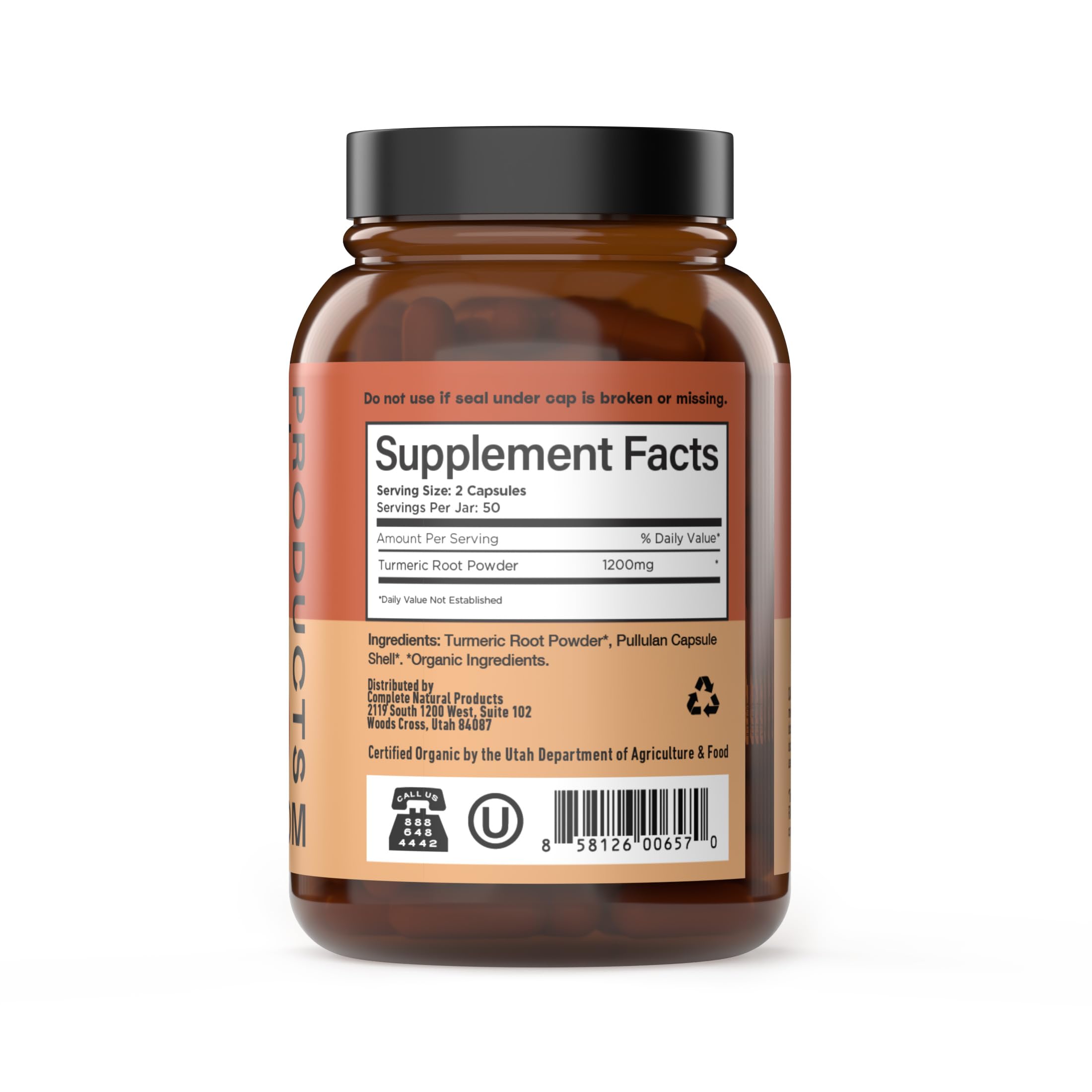Complete Natural Products cúrcuma 600 mg, cápsulas dentro, formato práctico para dosis diaria