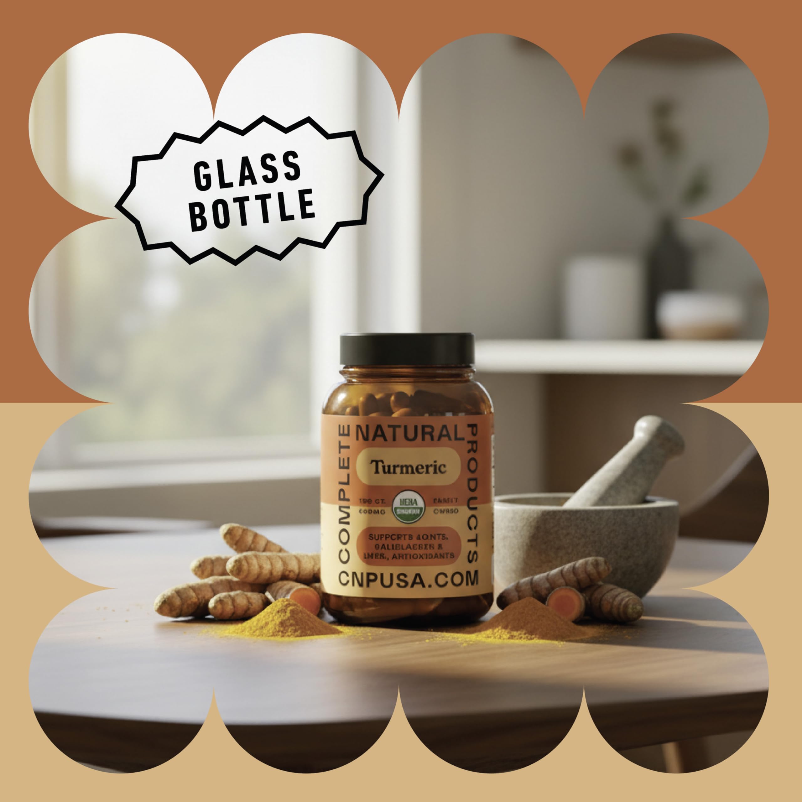 Complete Natural Products cúrcuma 600 mg, polvo visible de raíz dentro de la cápsula