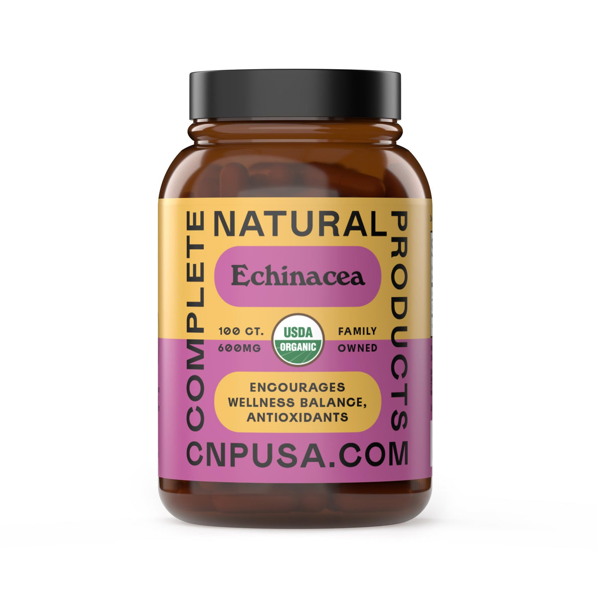 Complete Natural Products Echinacea cápsulas en botella frontal, posible apoyo al sistema inmunológico