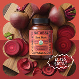 Complete Natural Remolacha Orgánica cápsulas, etiqueta vegana visible para consumidores conscientes.
