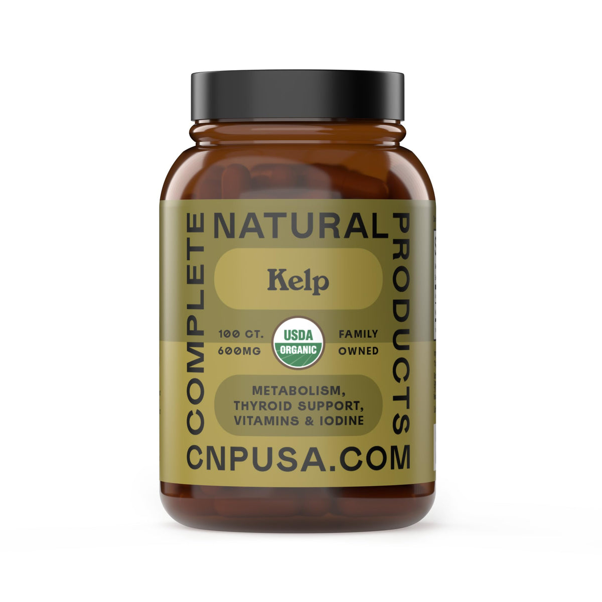 Complete Natural Sea Kelp Capsules: botella frontal para ingesta diaria de yodo natural.