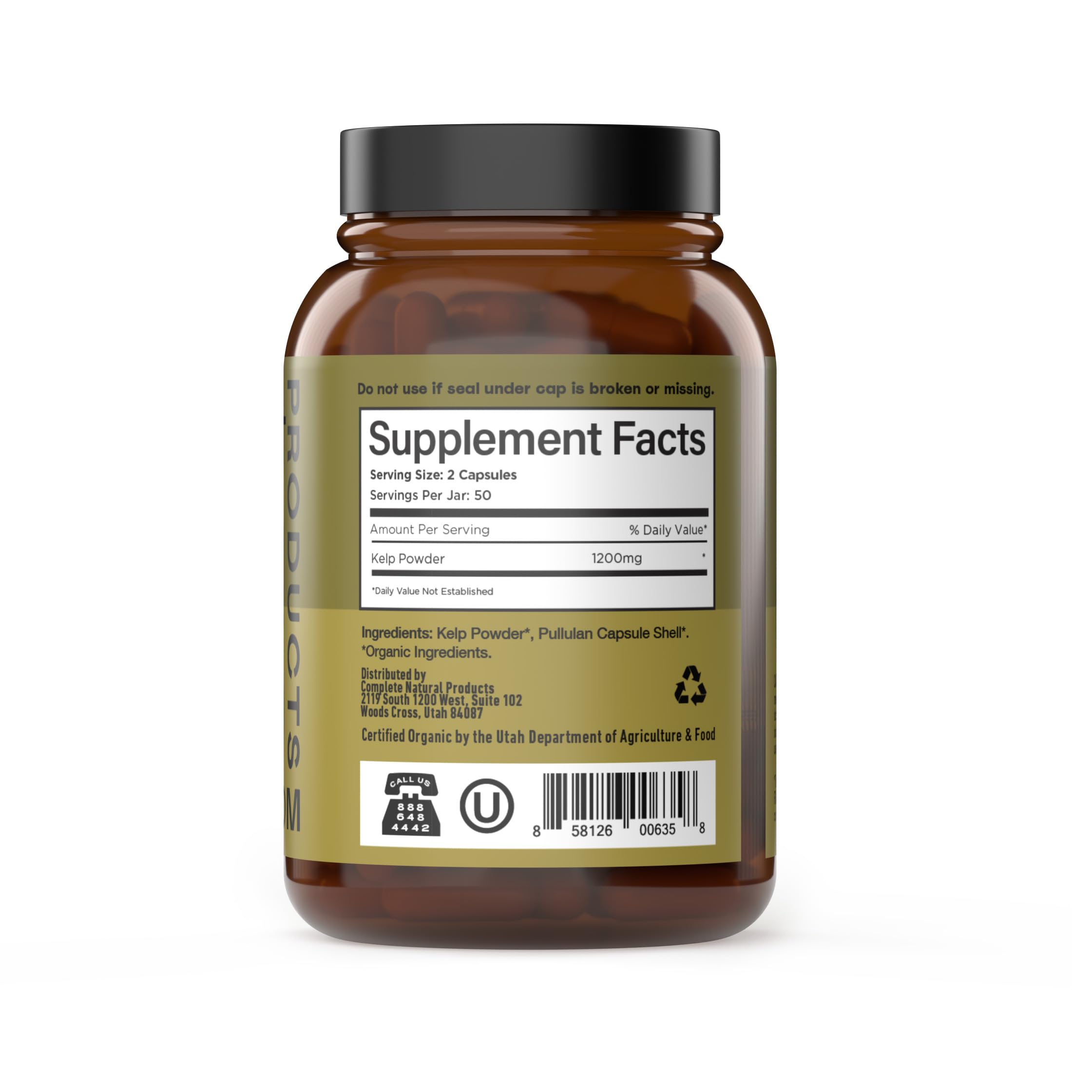 Complete Natural Sea Kelp Capsules: frasco mostrando cápsulas vegetales para uso diario.