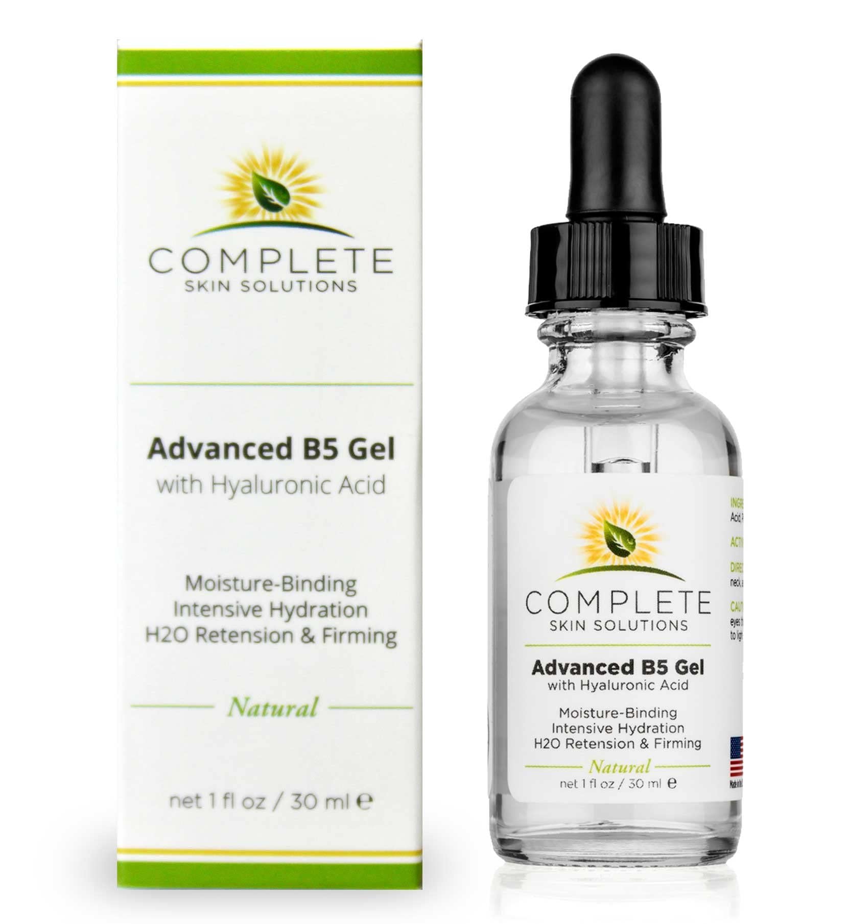 Gel B5 de COMPLETE SKIN SOLUTIONS con ácido hialurónico, frasco de 1 oz para hidratación profunda.