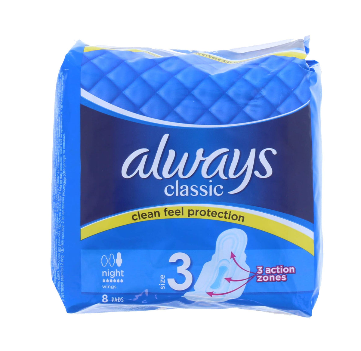Always Classic 8 compresas nocturnas, empaque de dos unidades para uso nocturno comodo