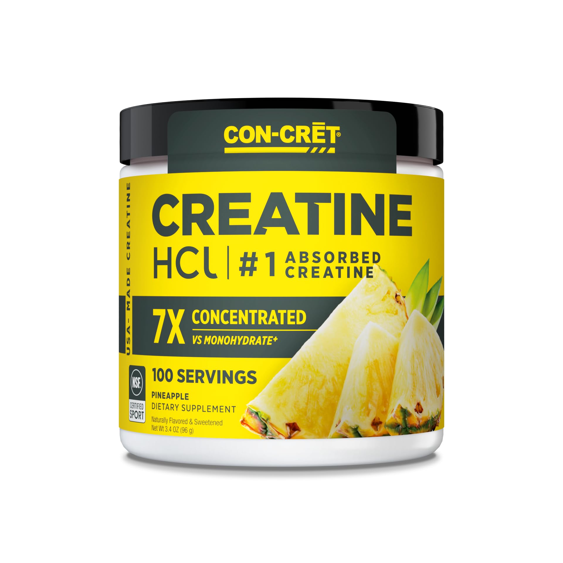 CON-CRET Creatina HCl: polvo en frasco para energía muscular y celular.