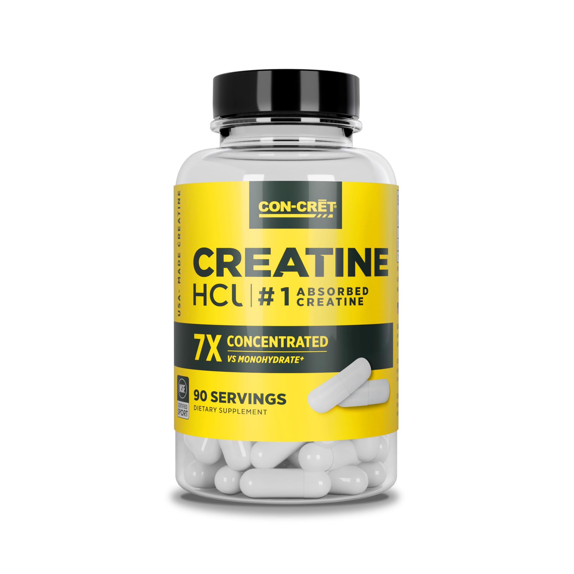 Cápsulas CON-CRET Creatine HCl en botella para energía muscular diaria.