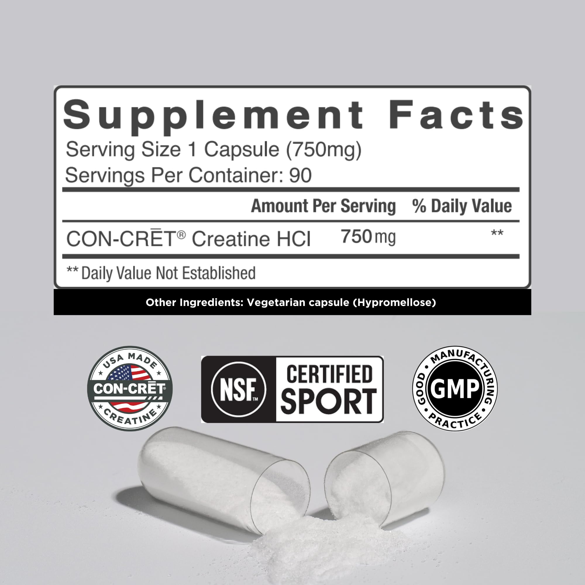 Detalle de cápsulas CON-CRET Creatine HCl para absorción eficiente.