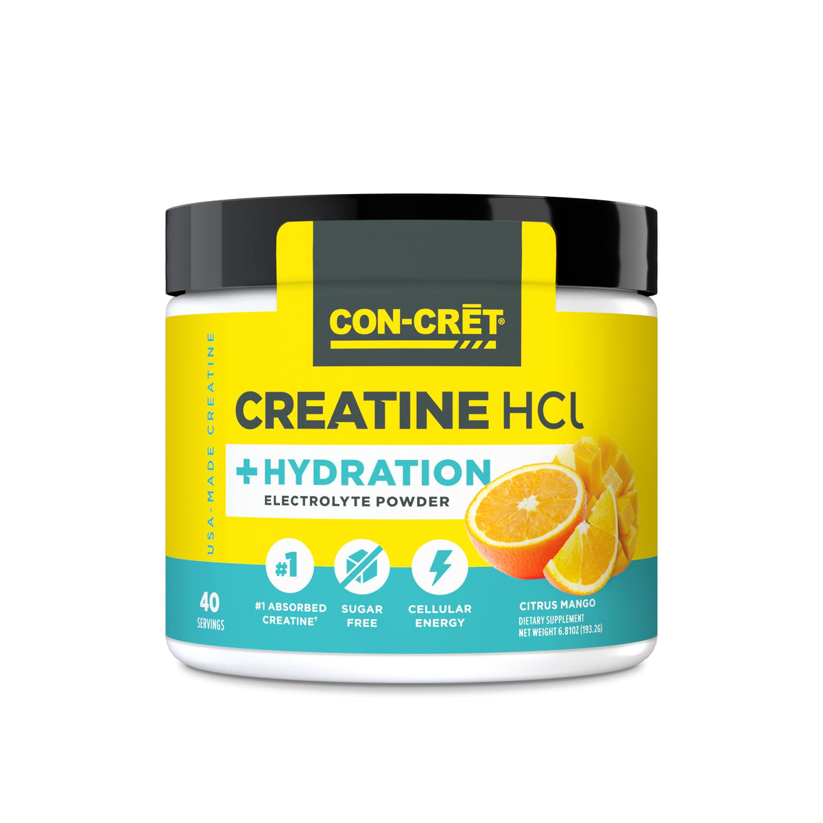 CON-CRET Creatine HCl + Hydration, sabor cítrico-mango, ideal para hidratación durante el entrenamiento.