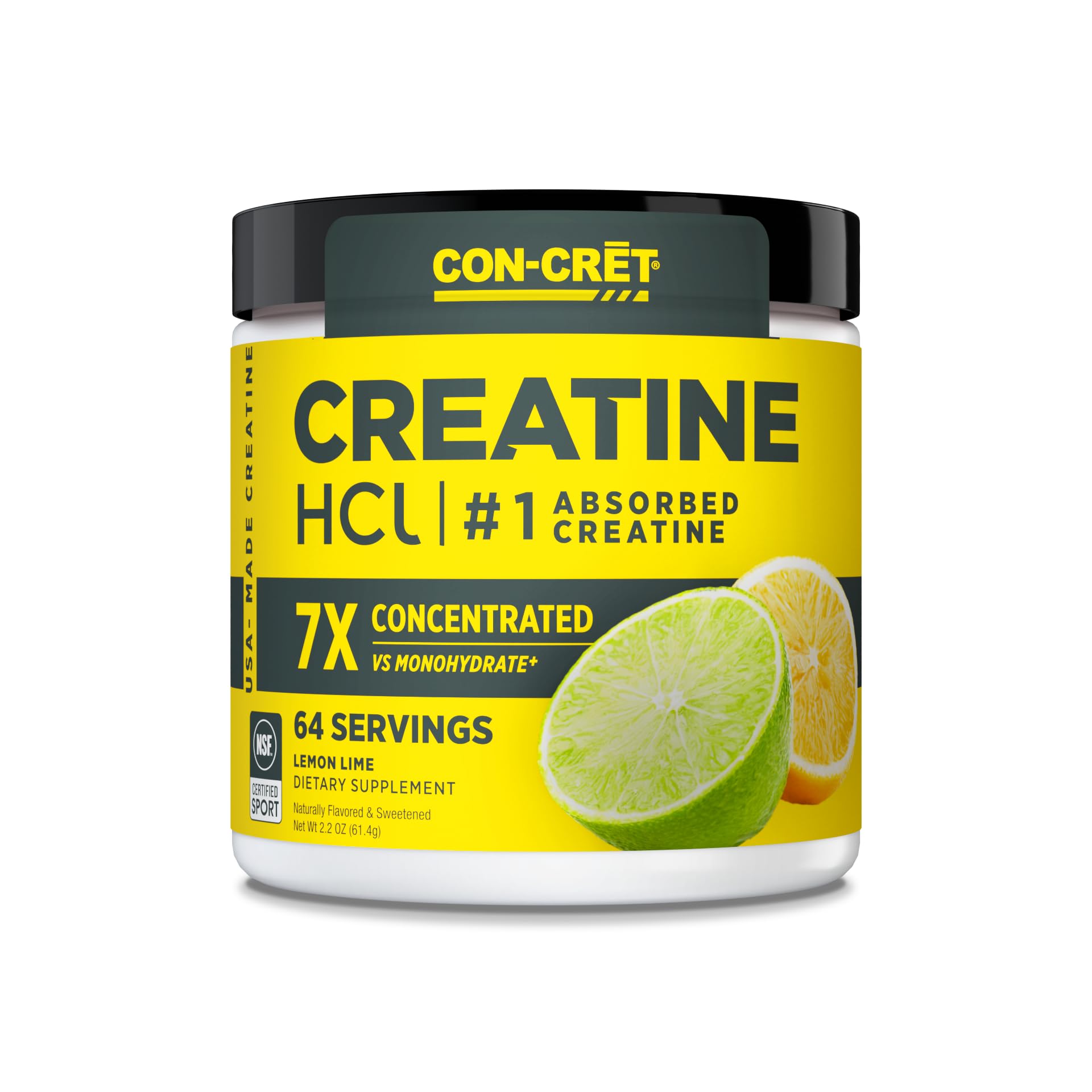 CON-CRET Creatine HCl polvo en bote, apoya energía durante entrenamientos.