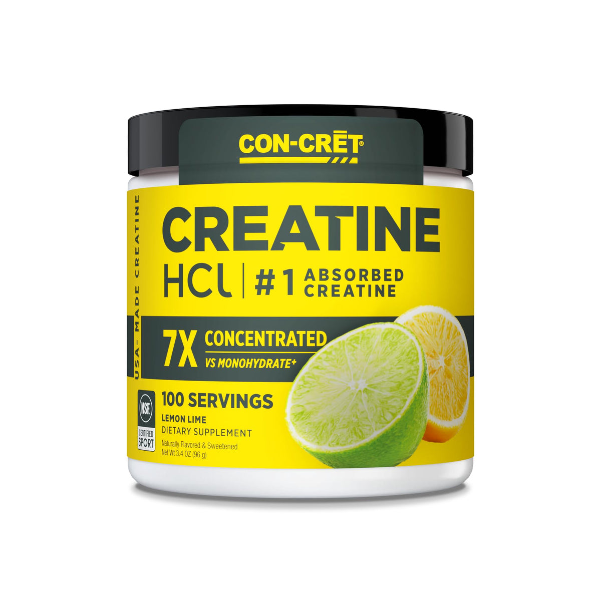 CON-CRET Creatine HCl polvo en botella para energía muscular sostenida.