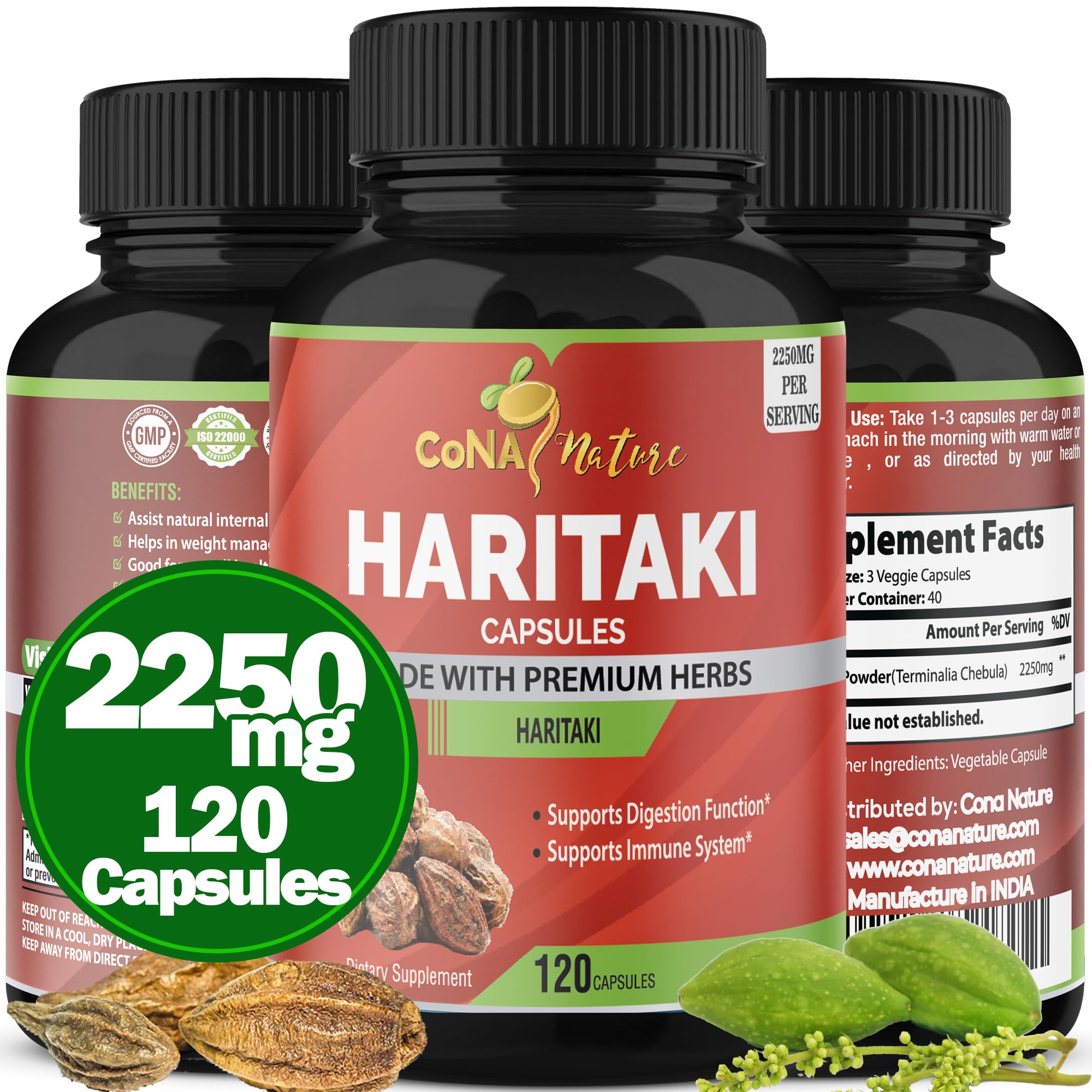 Cona Nature Haritaki, bote de cápsulas visible para apoyo digestivo diario.