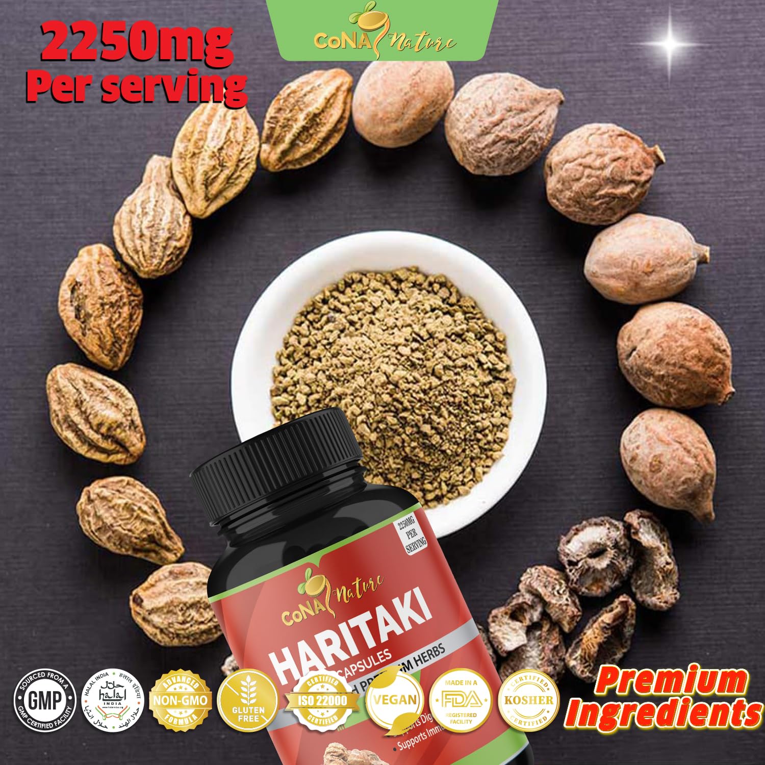 Cona Nature Haritaki, estuche práctico para almacenamiento y uso continuo.