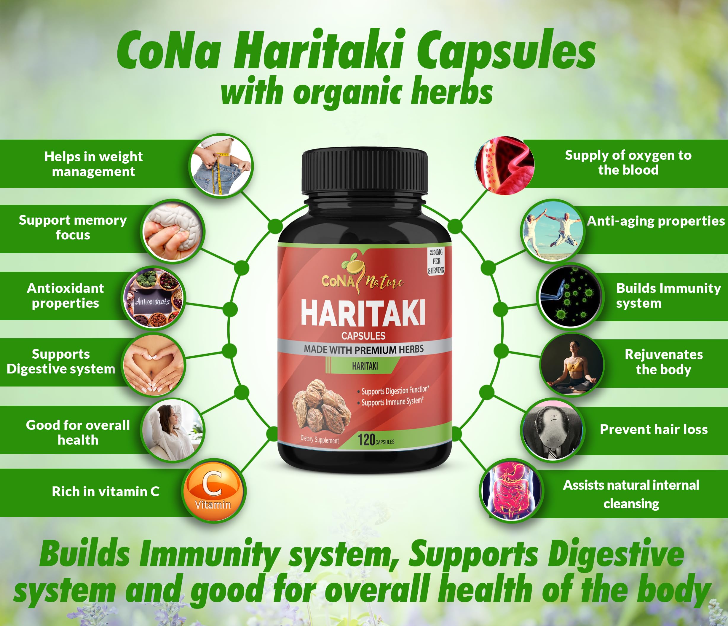 Cona Nature Haritaki, cápsulas con ingredientes orgánicos para una rutina saludable.
