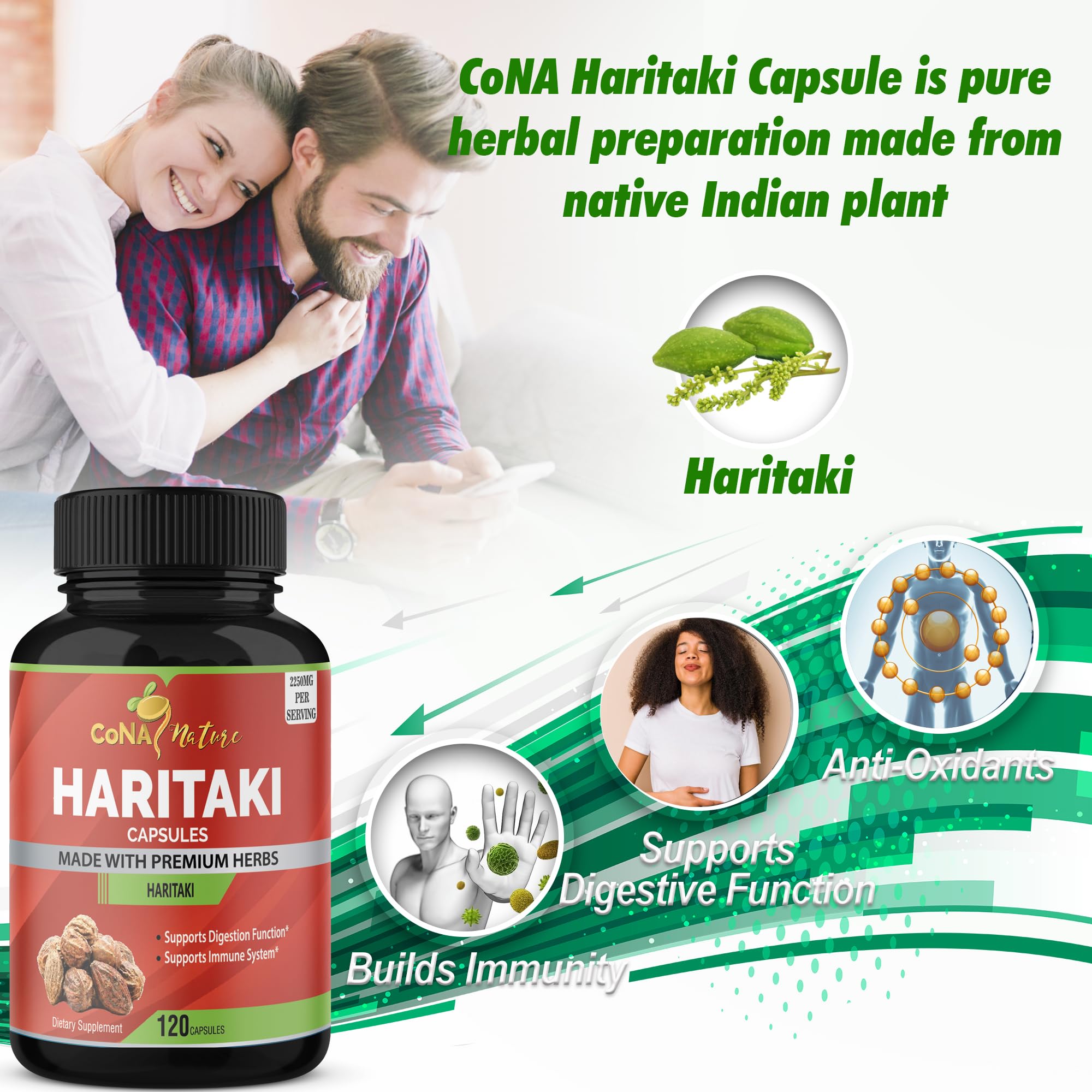 Etiqueta frontal de Cona Nature Haritaki, destaca ingredientes orgánicos y origen natural.