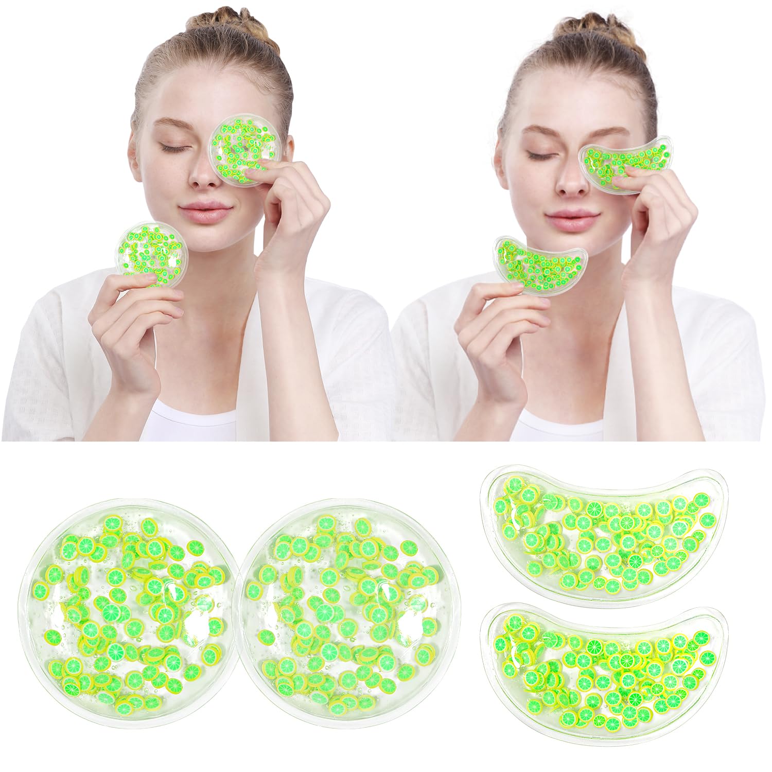 Conbella almohadillas de gel para ojos, vista frontal de las piezas reutilizables.