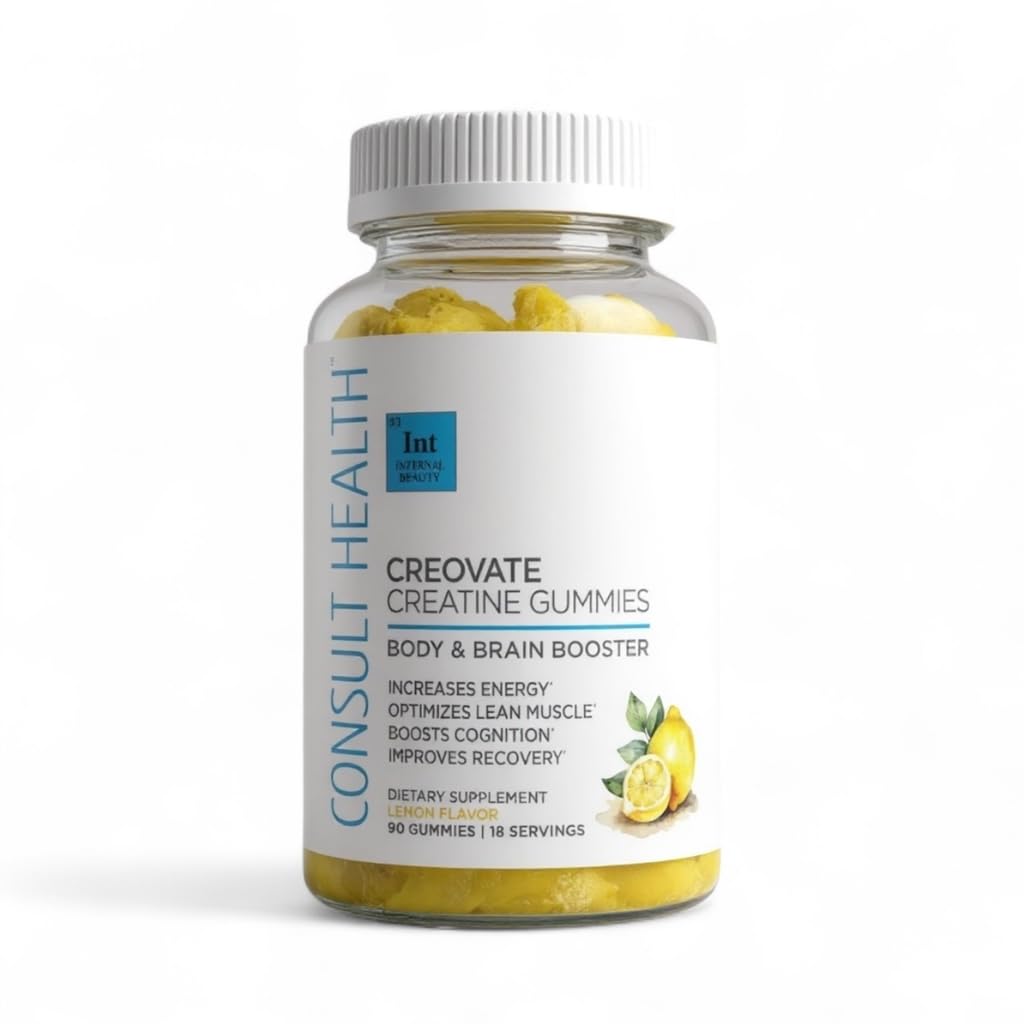 Consult Health Creovate Creatina Monohidrato Gomitas 5g frente a la botella, posible impulso muscular
