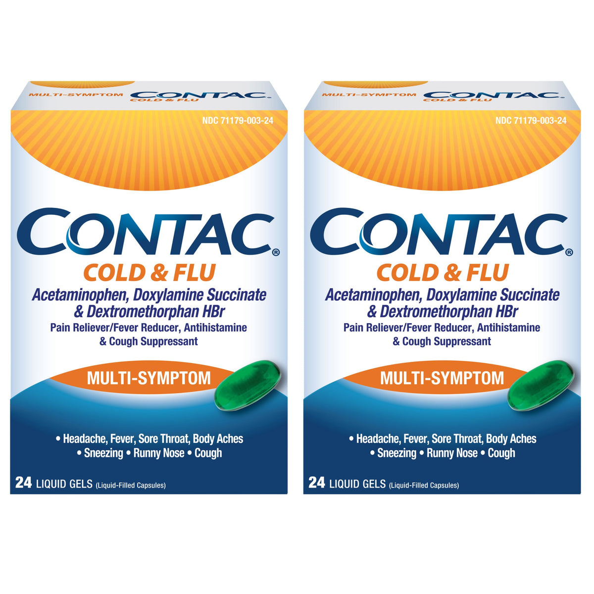Contac Multi-Symptom gel botella frontal, alivio rápido de varios síntomas