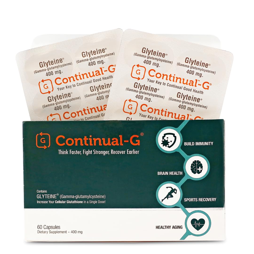 CONTINUAL-G Glyteine, botella de cápsulas, uso diario para detox natural y bienestar.