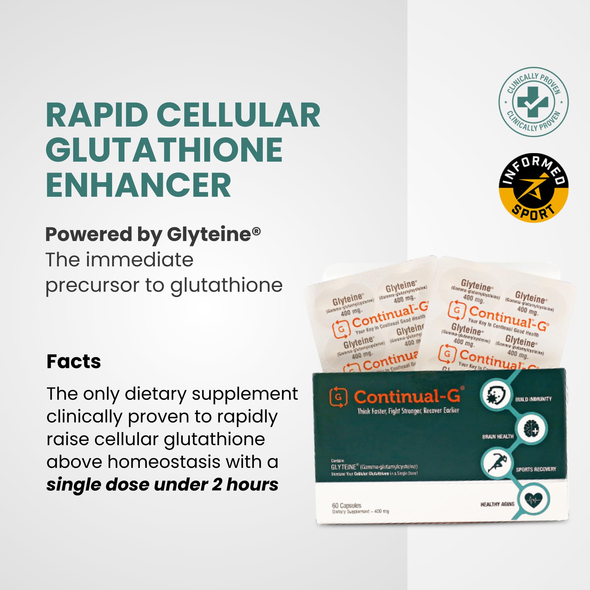 CONTINUAL-G Glyteine, frasco y cápsulas para experiencia estable en el día.