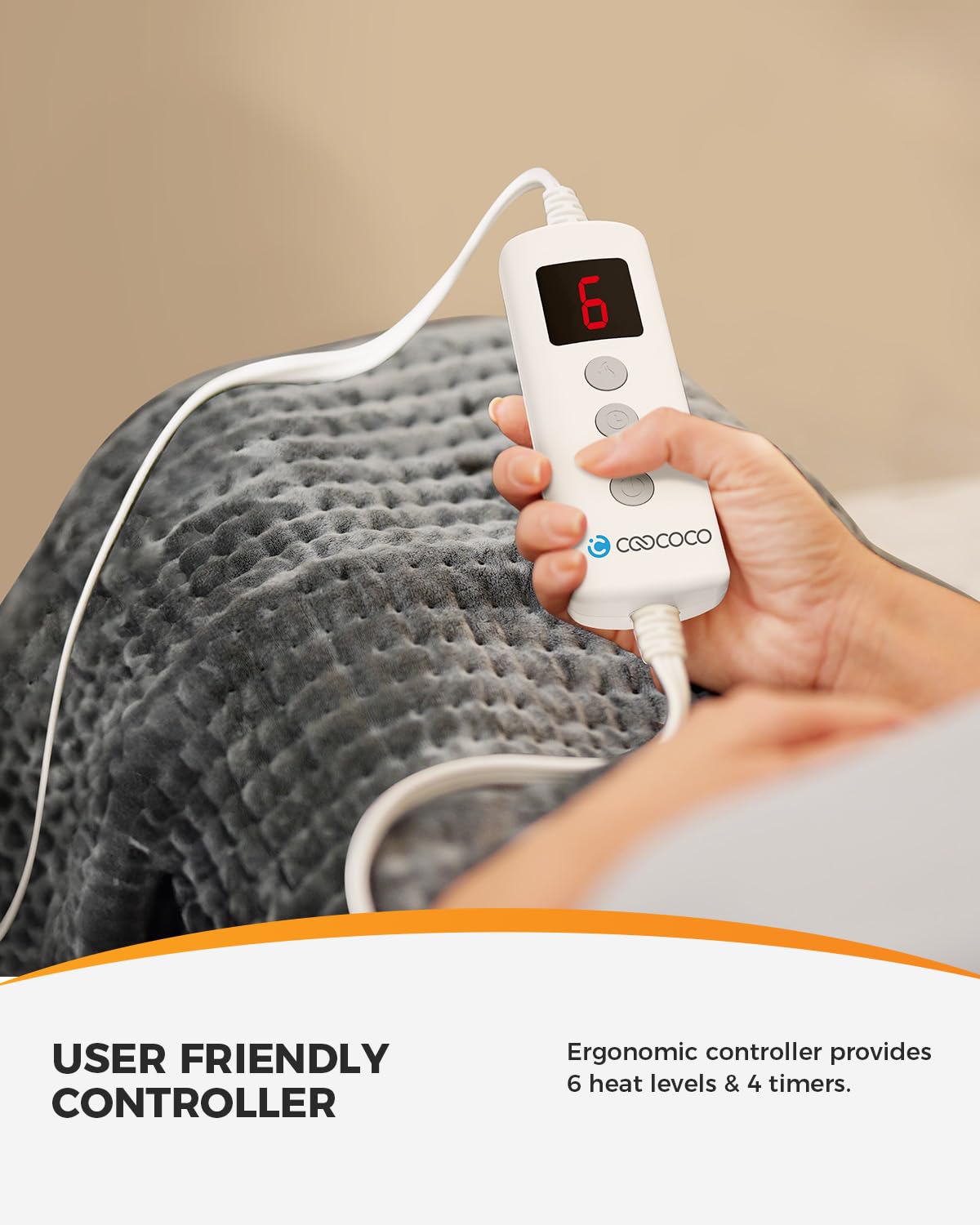 CooCoCo control digital con 6 ajustes de calor para confort personalizable.