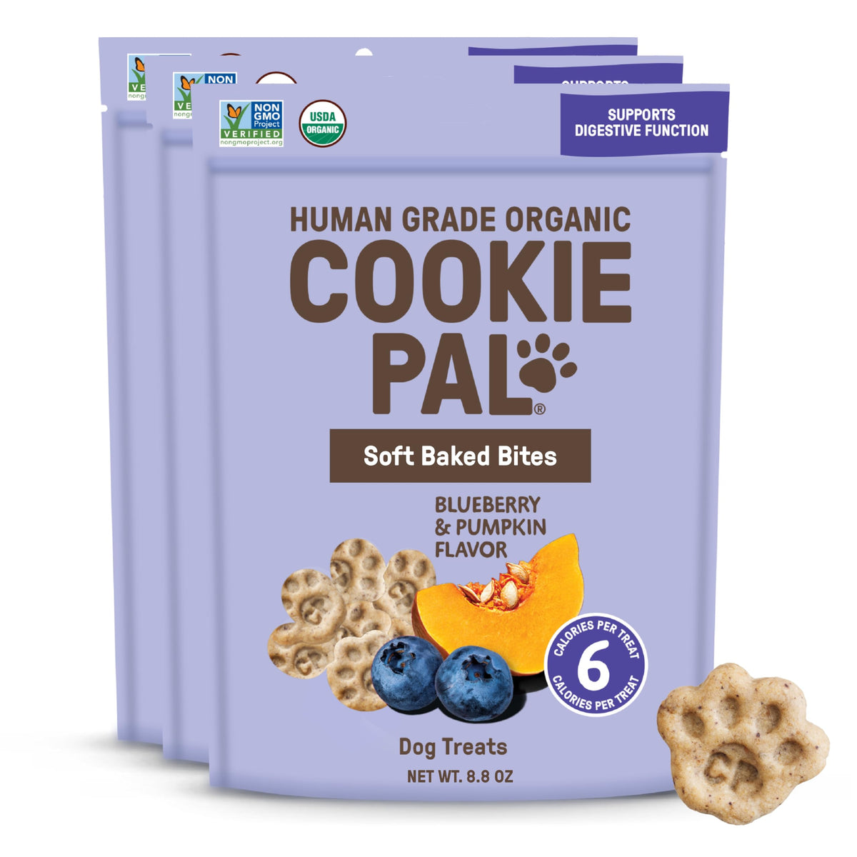 CookiePal: empaque de galletas orgánicas para perros con sabor a calabaza y arándano.