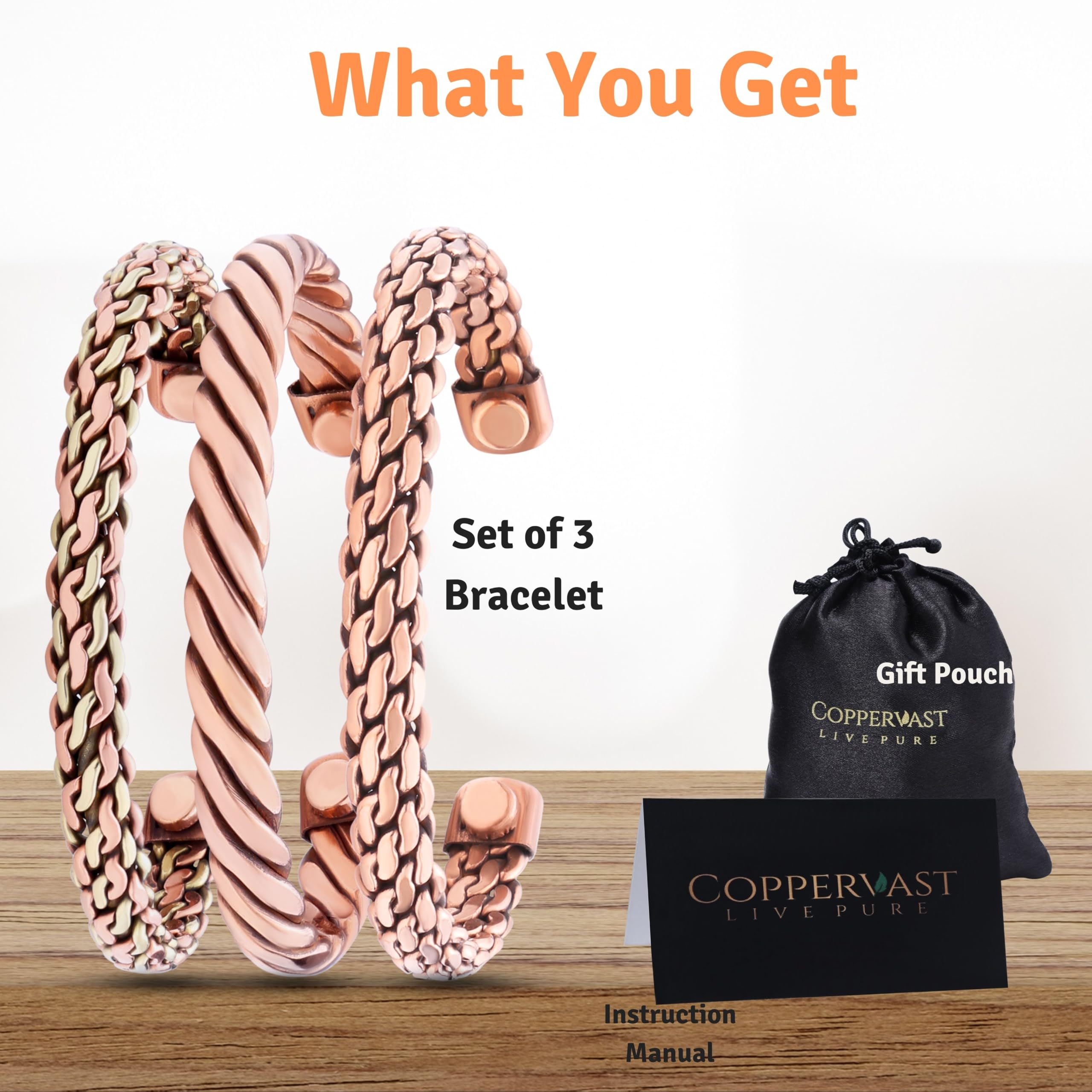 Coppervast, cobre puro 99.99% en pulsera, duradera y brillante.