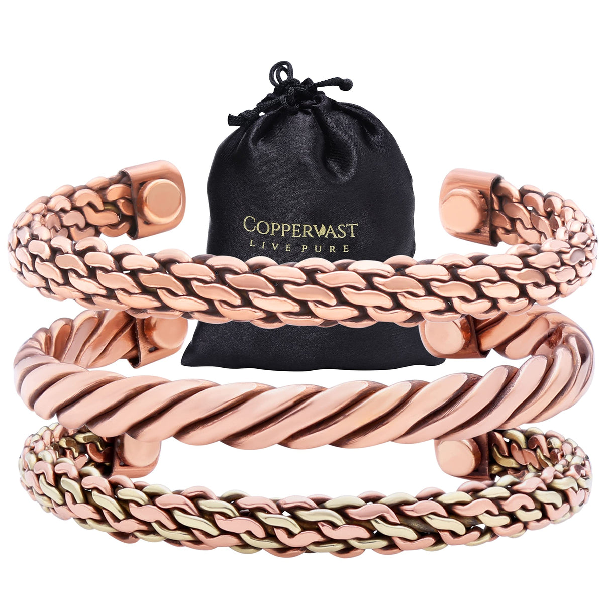 Pulseras Coppervast de cobre, set de 3, estilo versátil para hombres y mujeres.