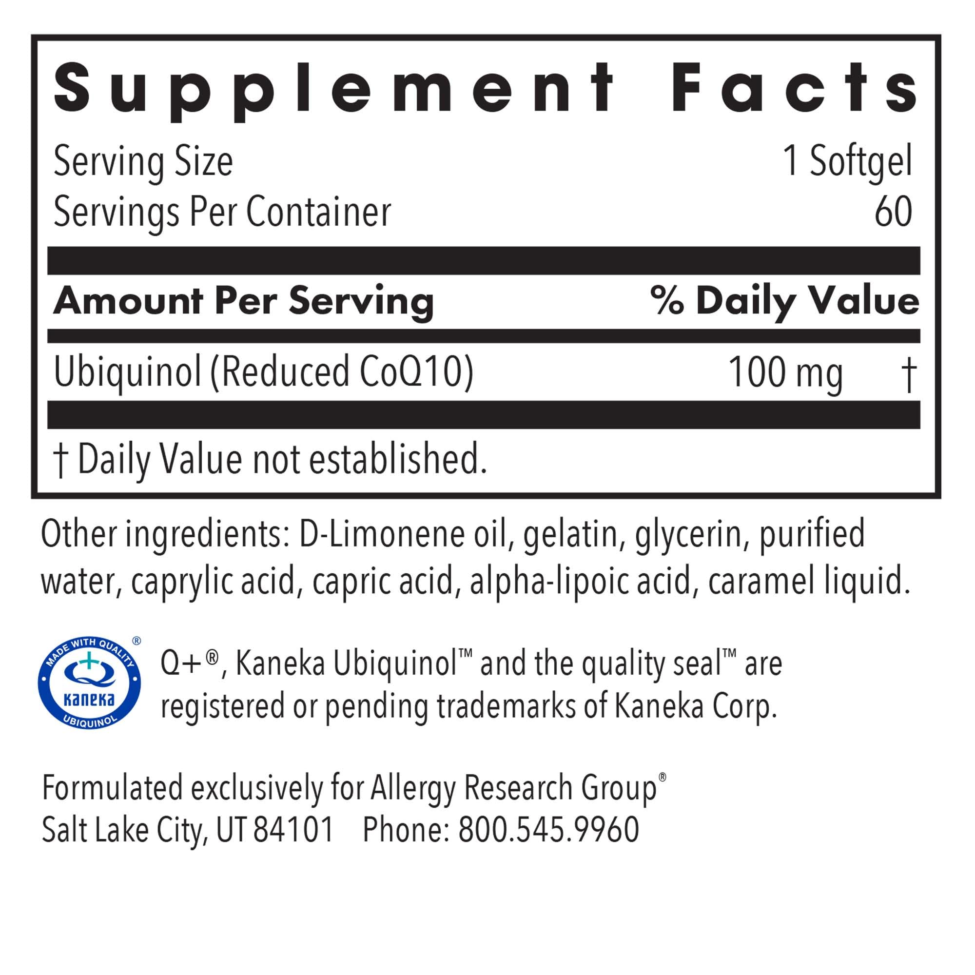 Allergy Research Group CoQ10 ubiquinol, cápsulas vegetarianas, fuente de antioxidante suave