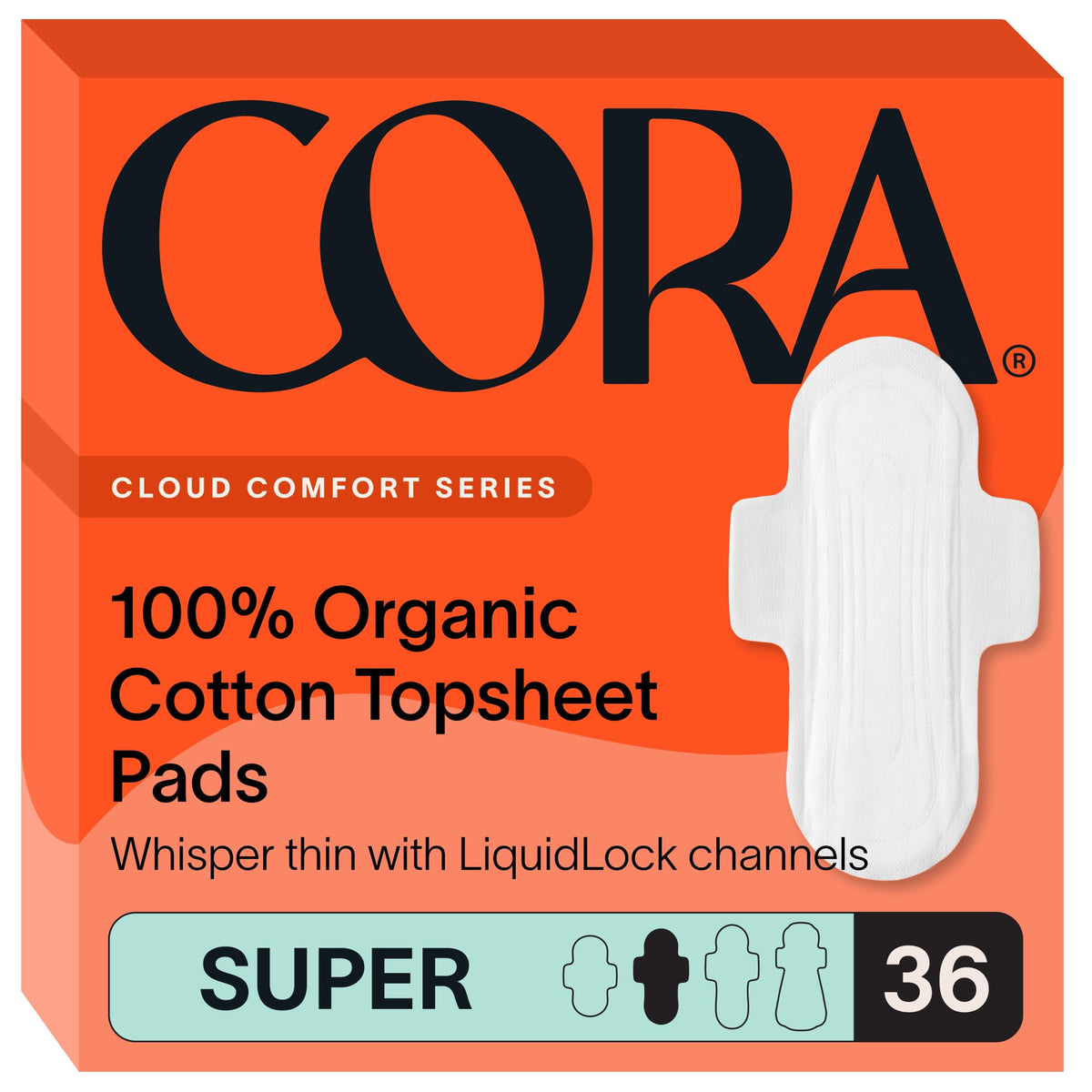 Cora: paquete de compresas Super, práctico para llevar todo el día.