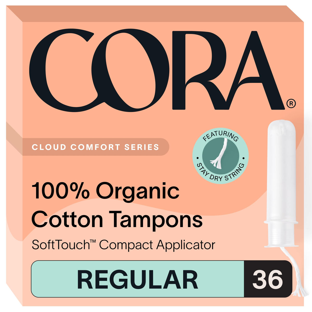 Cora tampones de algodón orgánico con empaque nuevo para mayor conveniencia.