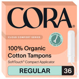 Cora tampones de algodón orgánico con empaque nuevo para mayor conveniencia.