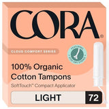 Cora tampones de algodón orgánico con aplicador compacto para inserción suave.