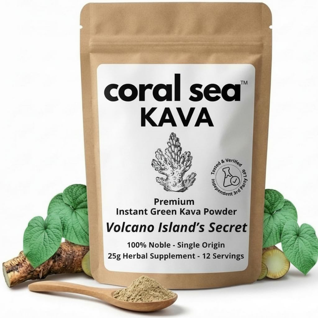 Coral Sea Kava Kelai, empaque práctico para llevar y calma rápida.