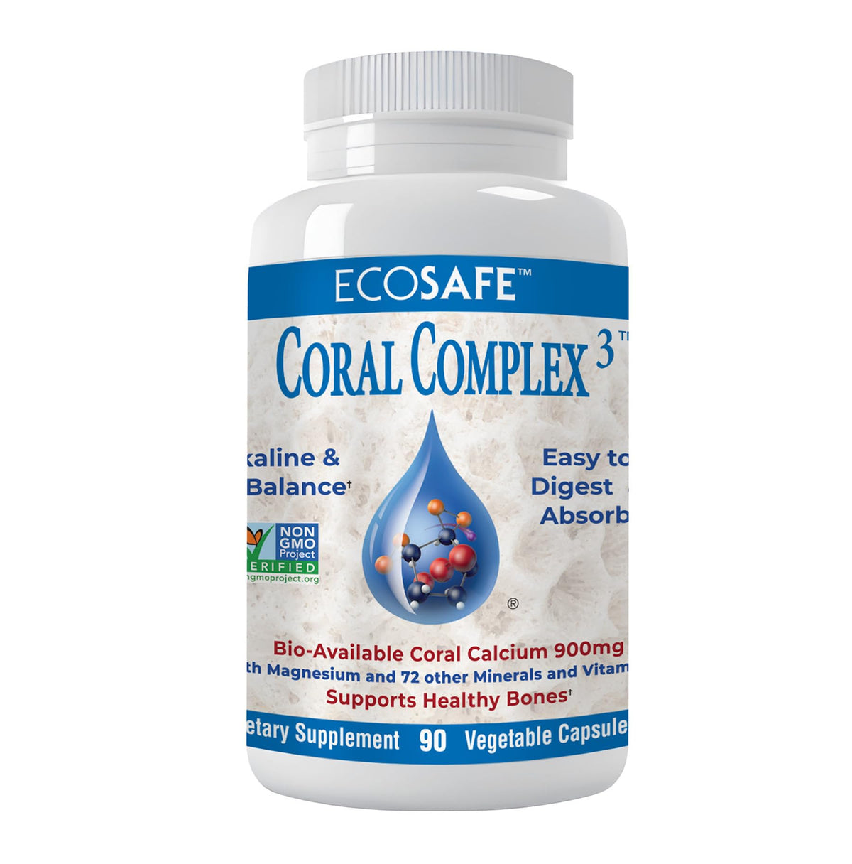 Coral White: botella de calcio 900 mg con D3 y magnesio para posible apoyo óseo.